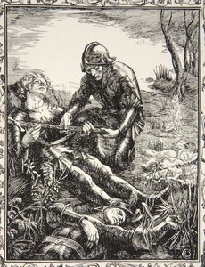 Arthur átadja Excaliburt Sir Bedevere-nek, illusztráció a "Stories of King Arthur and the Round Table" című könyvből, írta Beatrice Clay, 1. kiadás, 1905.